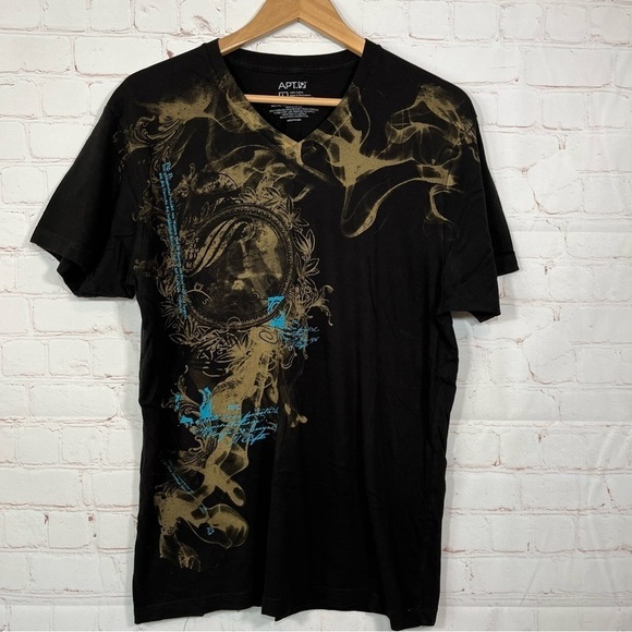 APT. 9 T Shirt Mens Large Black Graphic Print V Neck - Picture 1 of 7